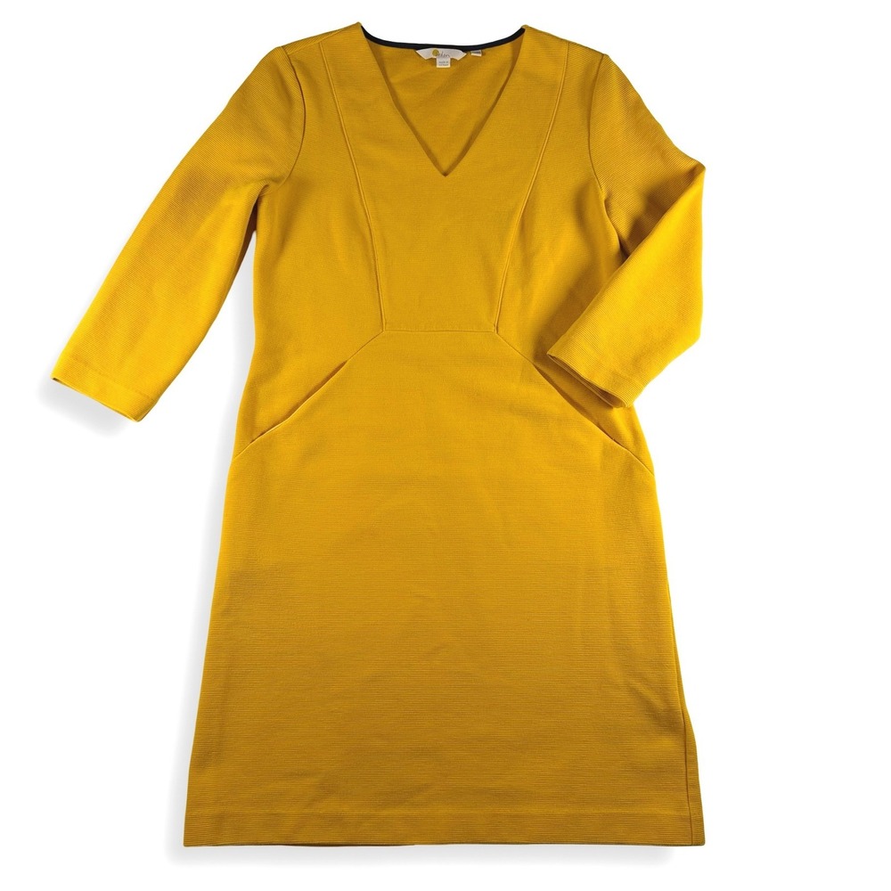 Boden Mustard Yellow Ottoman Rib Knit V-Neck Shift Dress US 8R
